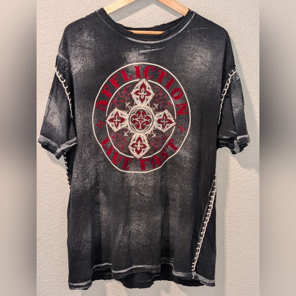 Affliction Live Fast Shirt Red Lettering Distressed Size 2XL